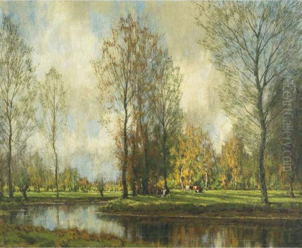 Cows Grazing By A Pond Oil Painting by Arnold Marc Gorter