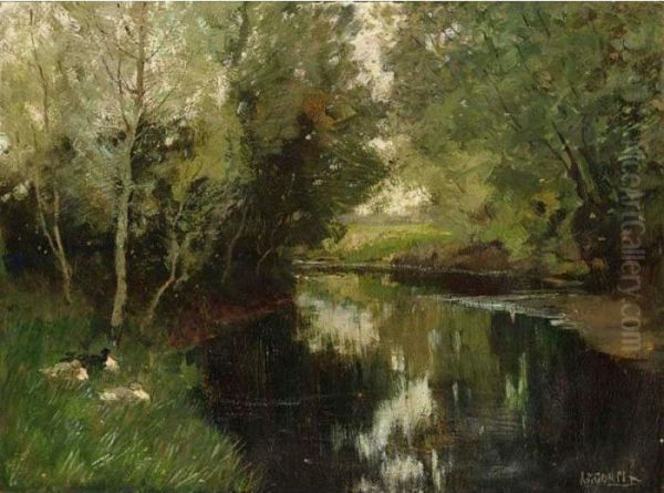 Ducks On The River Bank Oil Painting by Arnold Marc Gorter