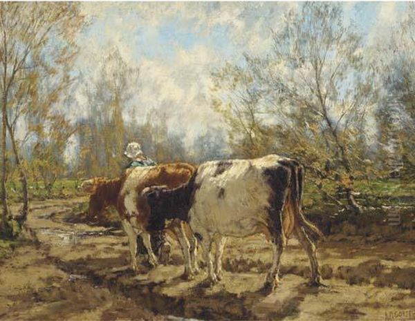 Leading The Cattle Along A Country Track Oil Painting by Arnold Marc Gorter