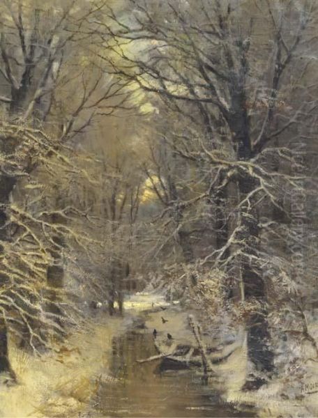 A Stream In Snow Covered Woods Oil Painting by Arnold Marc Gorter