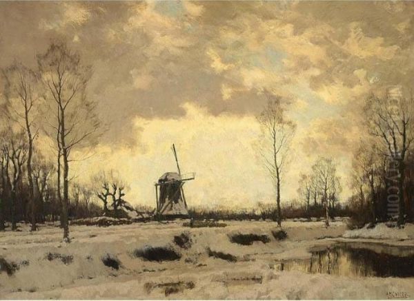 A Windmill In A Winter Landscape Oil Painting by Arnold Marc Gorter