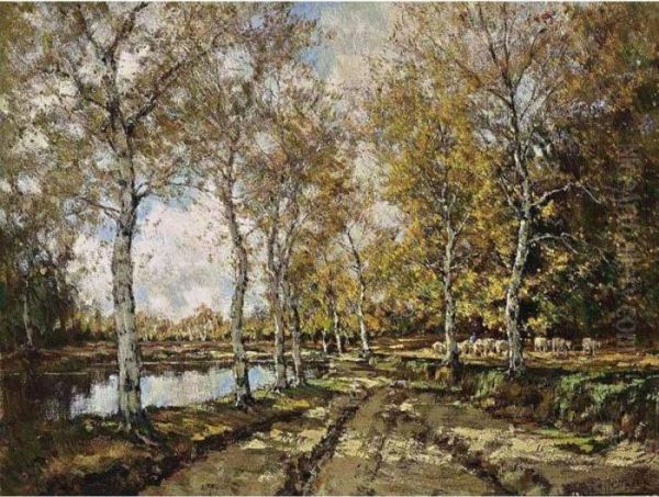 Sheep In A Sunny Autumn Landscape Oil Painting by Arnold Marc Gorter