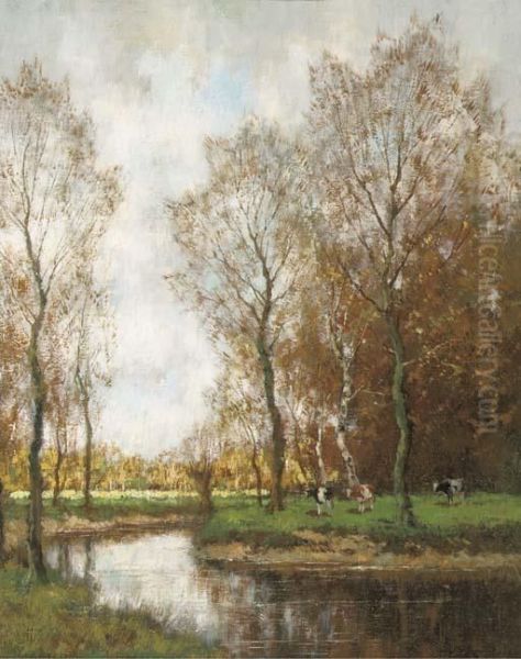 Cows Grazing By A Stream In A Wooded Landscape Oil Painting by Arnold Marc Gorter