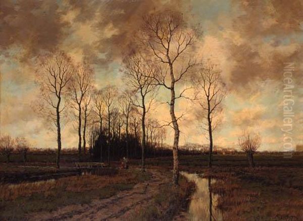 A Peasantwoman And A Child On A Path Amidst Birchtrees Oil Painting by Arnold Marc Gorter