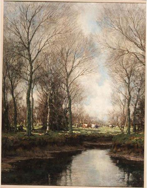 Cows Grazing Along A Stream Oil Painting by Arnold Marc Gorter