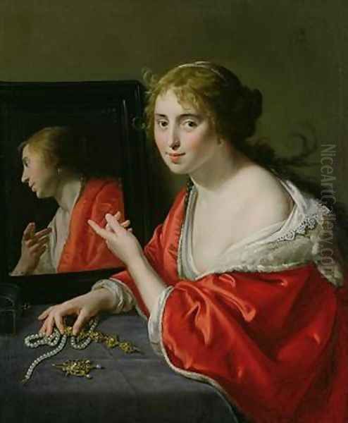 Vanitas a young woman seated at her dressing table 1632 Oil Painting by Paulus Moreelse