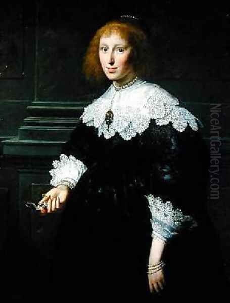 Portrait of a Lady Holding a Timepiece Oil Painting by Paulus Moreelse