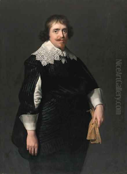 Portrait of a gentleman, three-quarter-length, in a black doublet with slashed sleeves, black hose and sash, his gloves in his left hand Oil Painting by Paulus Moreelse