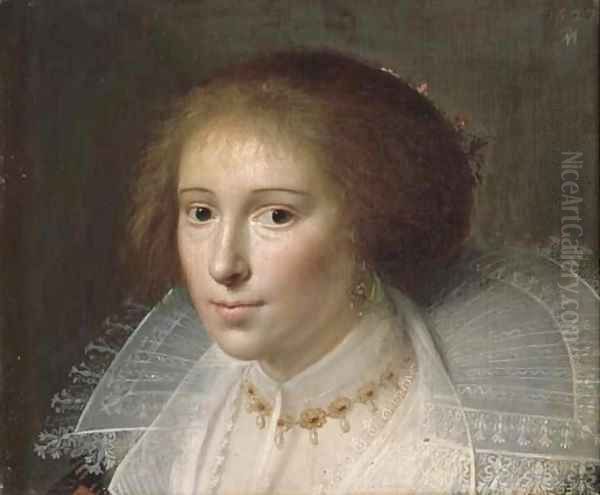 Portrait of a lady, bust-length, in a white dress with lace collar and a gold and pearl necklace Oil Painting by Paulus Moreelse