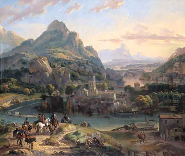 A Rhenish landscape with horsemen and peasants on a path by a river, a village and mountains beyond Oil Painting by Dirck Maas