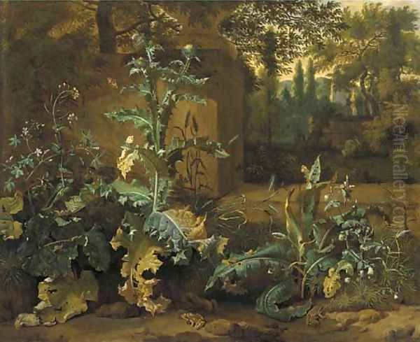 Frogs, butterflies and snails amid undergrowth near a wall, an Italianate garden beyond Oil Painting by Dirck Maas