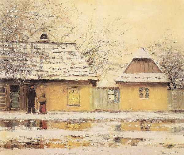 Village Street in Winter Oil Painting by Laszlo Mednyanszky