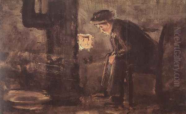 Man Seated by the Stove Oil Painting by Laszlo Mednyanszky