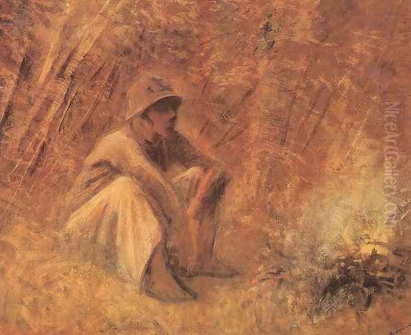 Peasant Resting by the Fire c. 1913 Oil Painting by Laszlo Mednyanszky