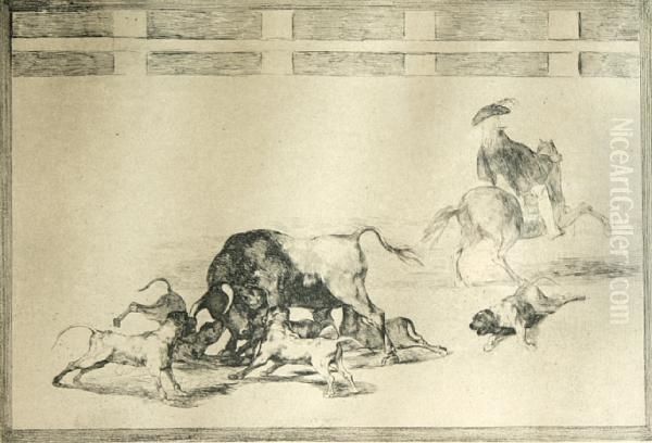 Echan Perros Al Toro, Pl. 25, From Tauromaquia Oil Painting by Francisco De Goya y Lucientes