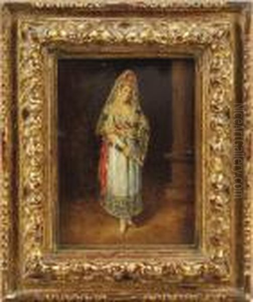 Portrait Of A Lady, Full Length,
 Wearing A Silk Mantilla With Apeineta, Holding A Fan, Standing Beside A
 Column. Oil Painting by Francisco De Goya y Lucientes