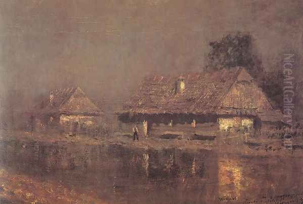 Houses by the River after 1898 Oil Painting by Laszlo Mednyanszky