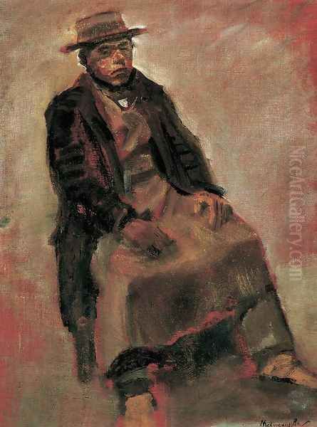 Man Seated Wearing Hat Oil Painting by Laszlo Mednyanszky