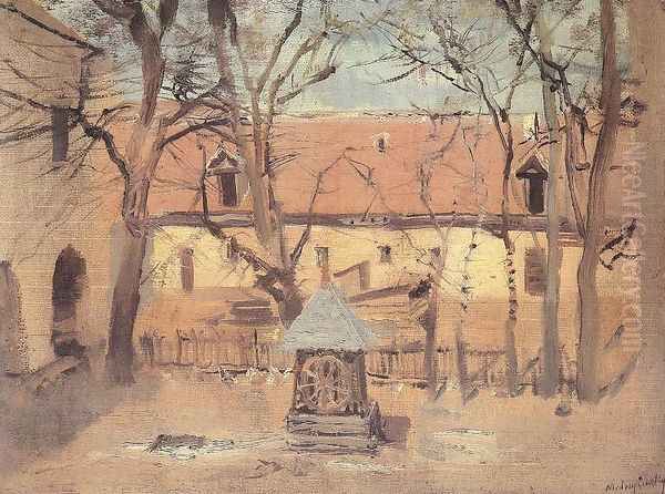 Part of a Courtyard with Well c. 1910 Oil Painting by Laszlo Mednyanszky