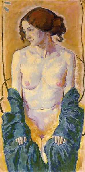 Female Nude with Blue Shawl Oil Painting by Koloman Moser