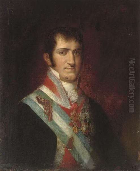 Portrait Of A Spanish Nobleman, Half-length, Wearing A Blue Andwhite Sash And Medals Oil Painting by Francisco De Goya y Lucientes