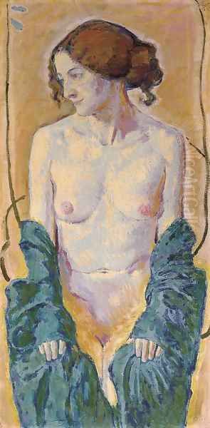 Weiblicher Akt mit blauem Schal by Koloman Moser