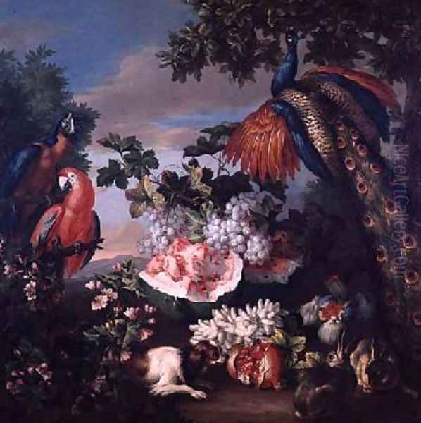 Fruit and Exotic Birds in a Landscape Oil Painting by Jean-Baptiste Monnoyer