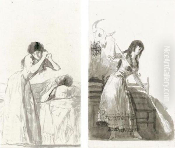 Recto: A Young Woman Arranging 
Her Hair Beside A Bed On Which Another Woman Is Resting; Verso: A Young
 Woman Sweeping In A Tavern Oil Painting by Francisco De Goya y Lucientes