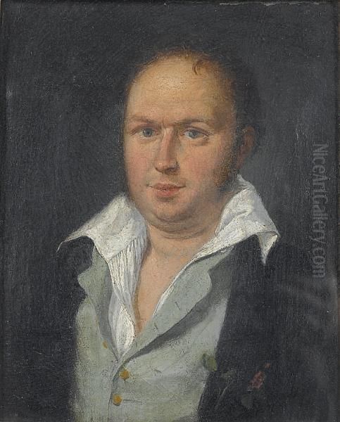 Portrait Of A Gentleman, Small 
Half-length, In A Dark Blue Jacket, A Pale Blue Waistcoat And An Open 
Shirt Oil Painting by Francisco De Goya y Lucientes