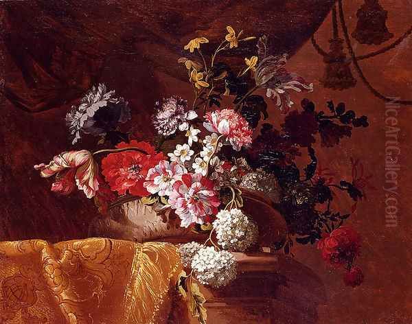 Still Life Of Hydrangeas, Convolvuli, Peonies And Other Flowers In An Urn On A Draped Stone Ledge Oil Painting by Jean-Baptiste Monnoyer