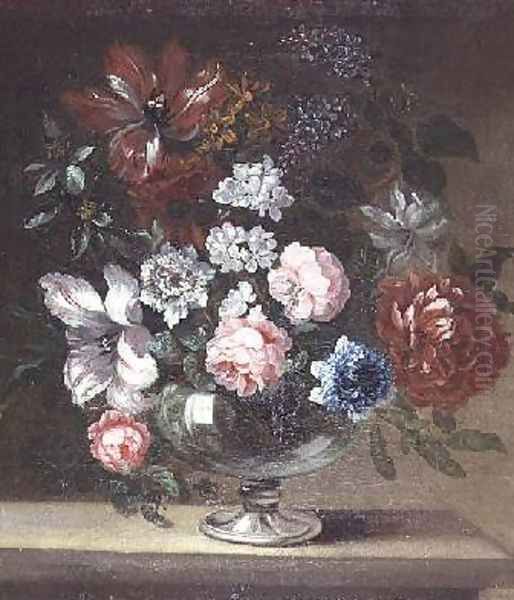 Roses tulips and other flowers in a vase Oil Painting by Jean-Baptiste Monnoyer