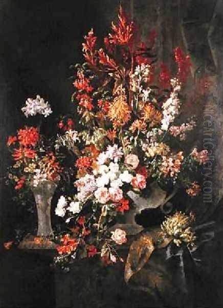 Two vases of flowers Oil Painting by Jean-Baptiste Monnoyer