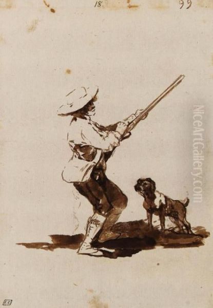 A Hunter Loading His Gun, Accompanied By His Dog Oil Painting by Francisco De Goya y Lucientes