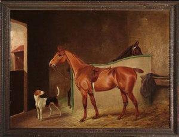 A Portrait Of A Chestnut Hunter In A Stall With A Hound And A Bayhorse Nearby Oil Painting by Colin Graeme Roe