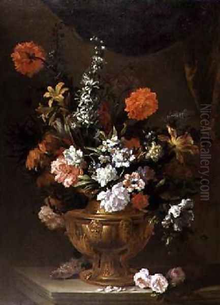 Flowers in a Sculptured Vase Oil Painting by Jean-Baptiste Monnoyer