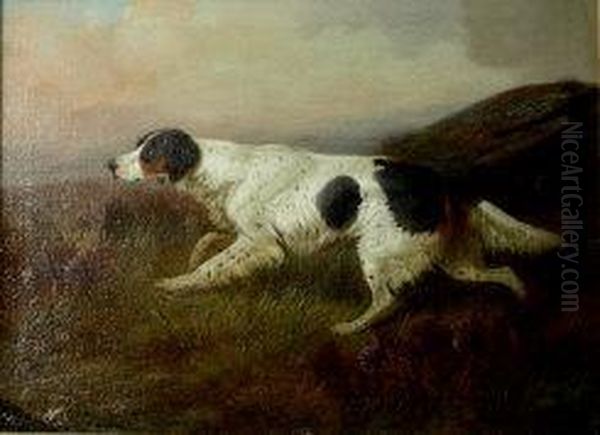 Hunting Dog In Moorland Landscape Oil Painting by Colin Graeme Roe