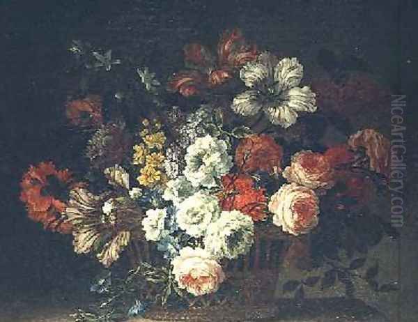 Still life with flowers in a basket Oil Painting by Jean-Baptiste Monnoyer