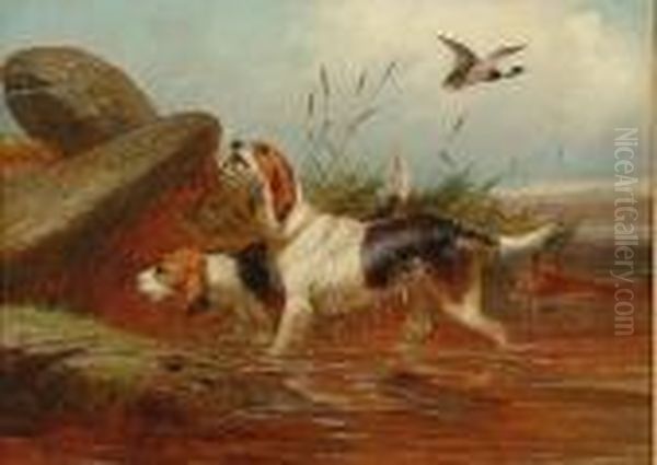 Two Setters In A Highland 
Landscape With A Game Basket, Grouse And Duck; Otter Hounds At The Mouth
 Of The Holt Oil Painting by Colin Graeme Roe