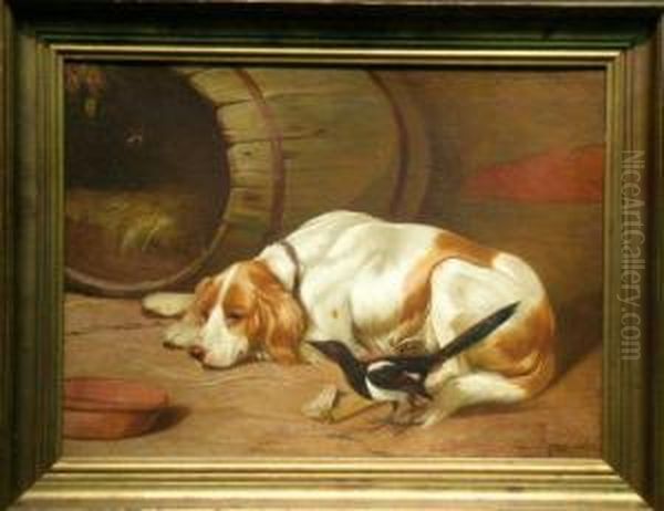 A Spaniel And A Magpie In A Barn Oil Painting by Colin Graeme Roe