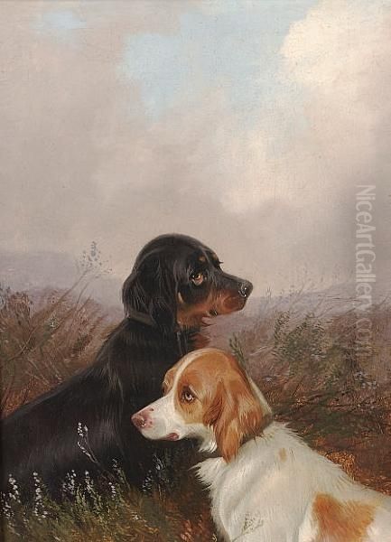 Gun Dogs Resting By A Fence; Gun Dogs On A Moor Oil Painting by Colin Graeme Roe