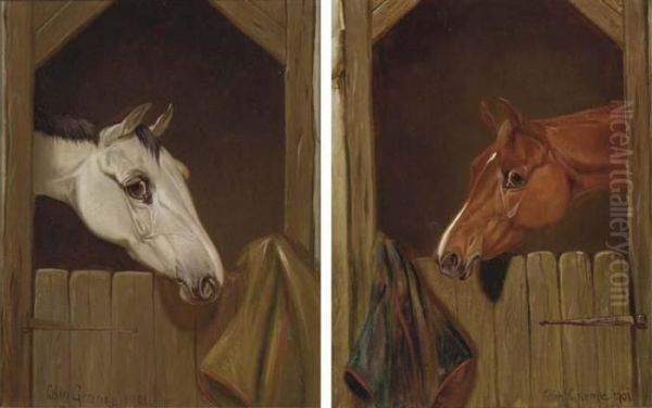 A Grey At A Stable Door; And A Chestnut At A Stable Door Oil Painting by Colin Graeme Roe