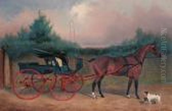 Shin-a-beg, A Bay Carriage Horse In A Trap, With A Terrier And Apug In A Stable Yard Oil Painting by Colin Graeme Roe