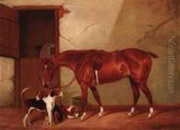 A Chestnut Hunter With Three Hounds Outside A Stable Oil Painting by Colin Graeme Roe