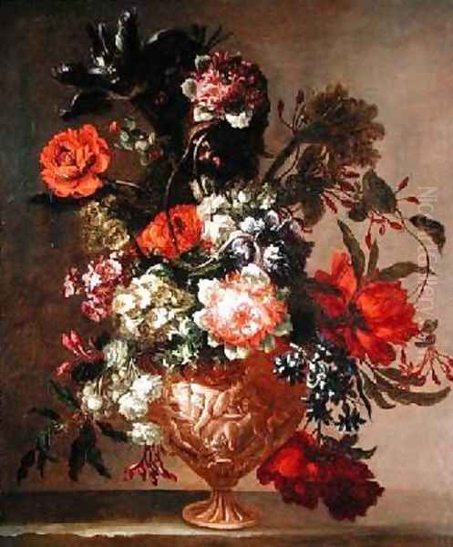 Still life of flowers in a sculpted vase Oil Painting by Jean-Baptiste Monnoyer