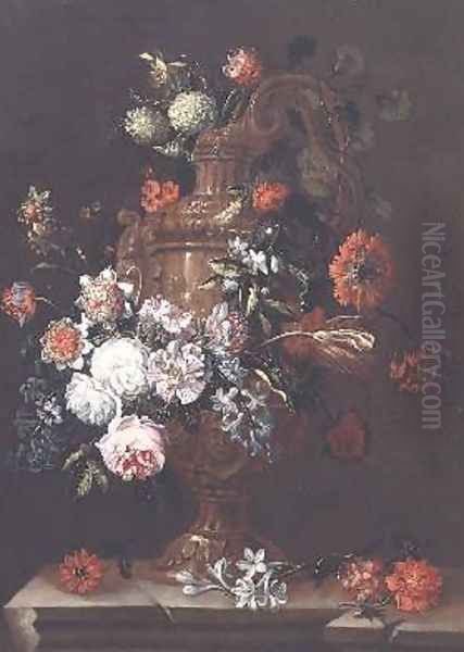 Still Life with Roses Tulips and other Flowers in an Urn on a Stone Ledge Oil Painting by Jean-Baptiste Monnoyer