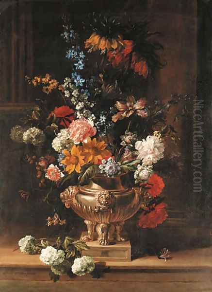 Parrot tulips, chrysanthemum, hydrangea, honeysuckle, borage, paeonies, Crown Imperial fritillaries and other flowers in a sculpted urn on a ledge Oil Painting by Jean-Baptiste Monnoyer