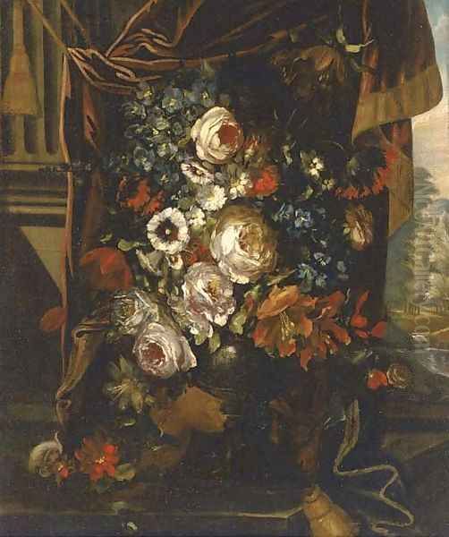 Roses, convulvulae, poppies and other summer flowers in an urn by a draped pillar Oil Painting by Jean-Baptiste Monnoyer