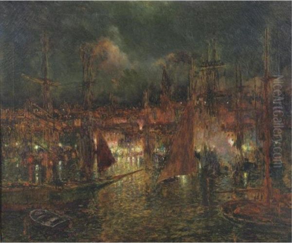 Nocturnal View Of A Port Oil Painting by Luis Graner Arrufi