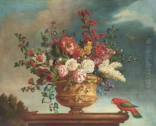 Summer flowers in a vase on a plinth, with a parrot and butterfly to the side; and Another similar Oil Painting by Jean-Baptiste Monnoyer