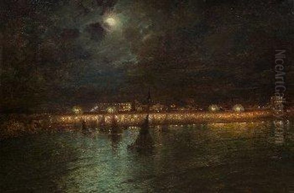 Vista Nocturna De Un Puerto Oil Painting by Luis Graner Arrufi